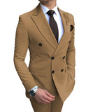 2020 New Beige Men's Suit 2 Pieces Double-breasted Notch Lapel Flat Slim Fit Casual Tuxedos For Wedding(Blazer+Pants)